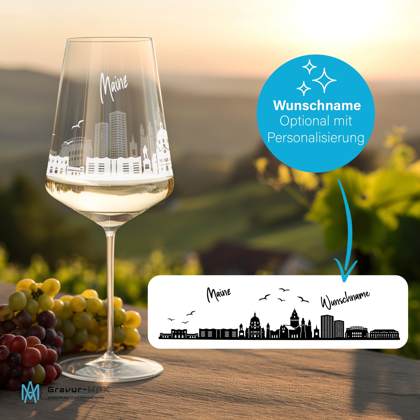 Weinglas mit Gravur Leonardo Puccini "SKYLINE MAINZ" optional mit Wunschname
