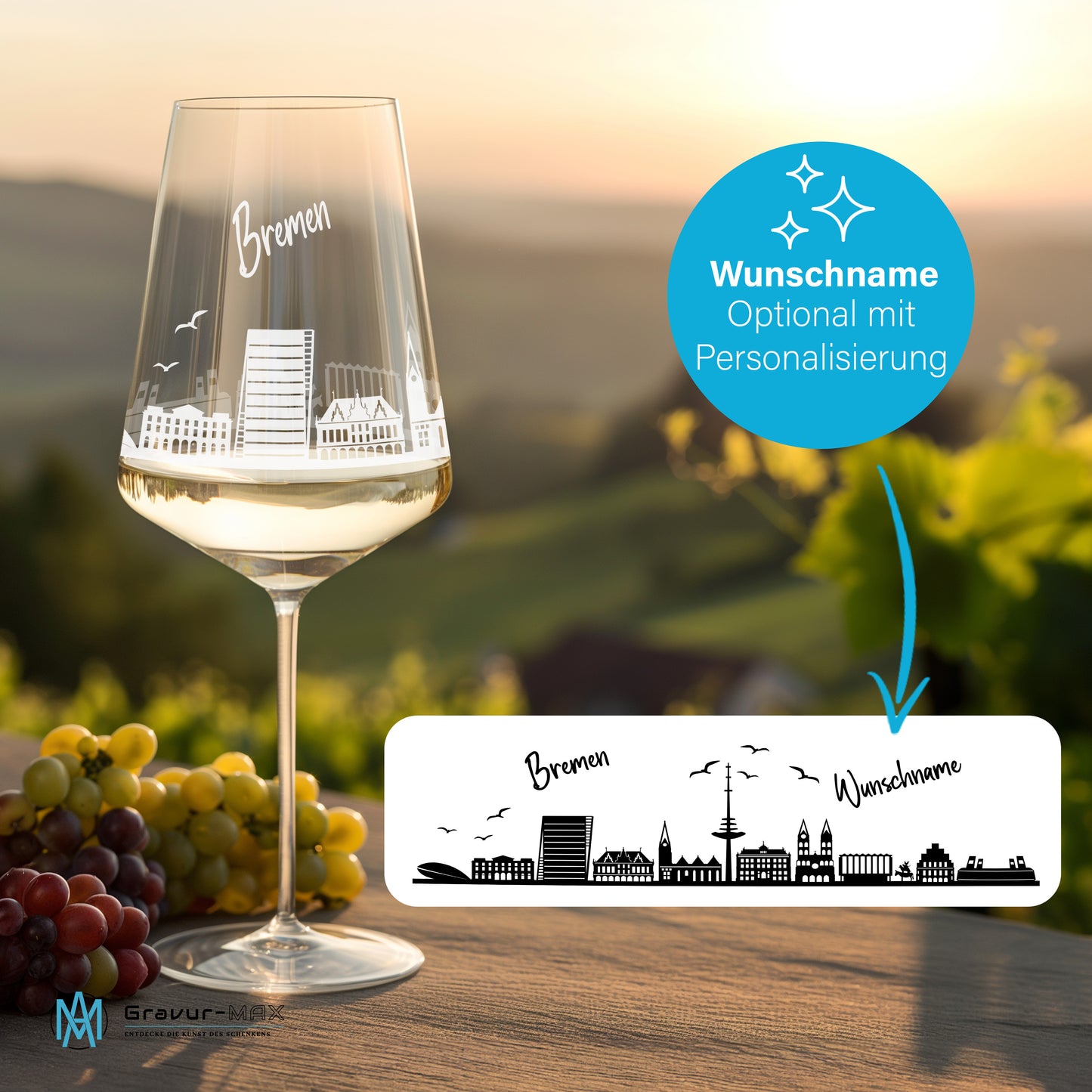Weinglas mit Gravur Leonardo Puccini "SKYLINE BREMEN" 2 Gläser optional mit Wunschname