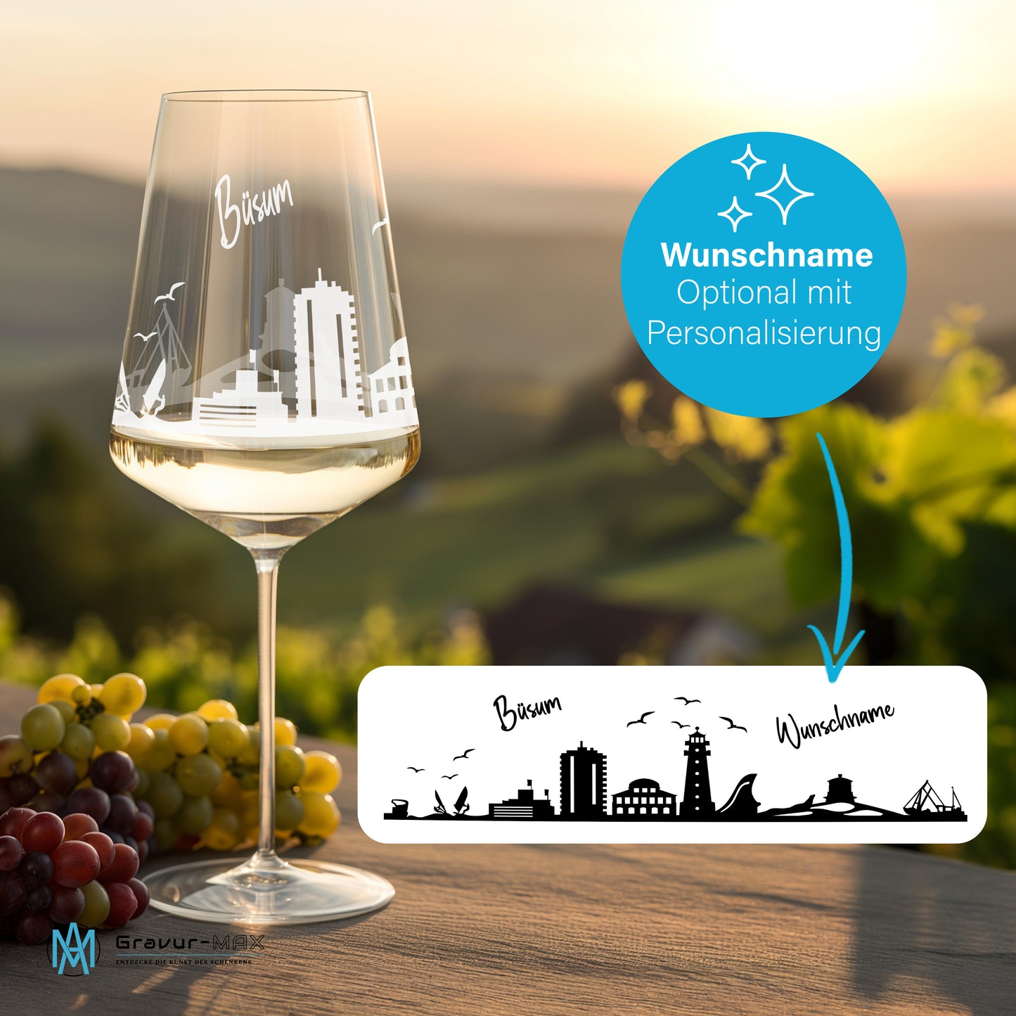 Weinglas mit Gravur Leonardo Puccini "SKYLINE BÜSUM" optional mit Wunschname