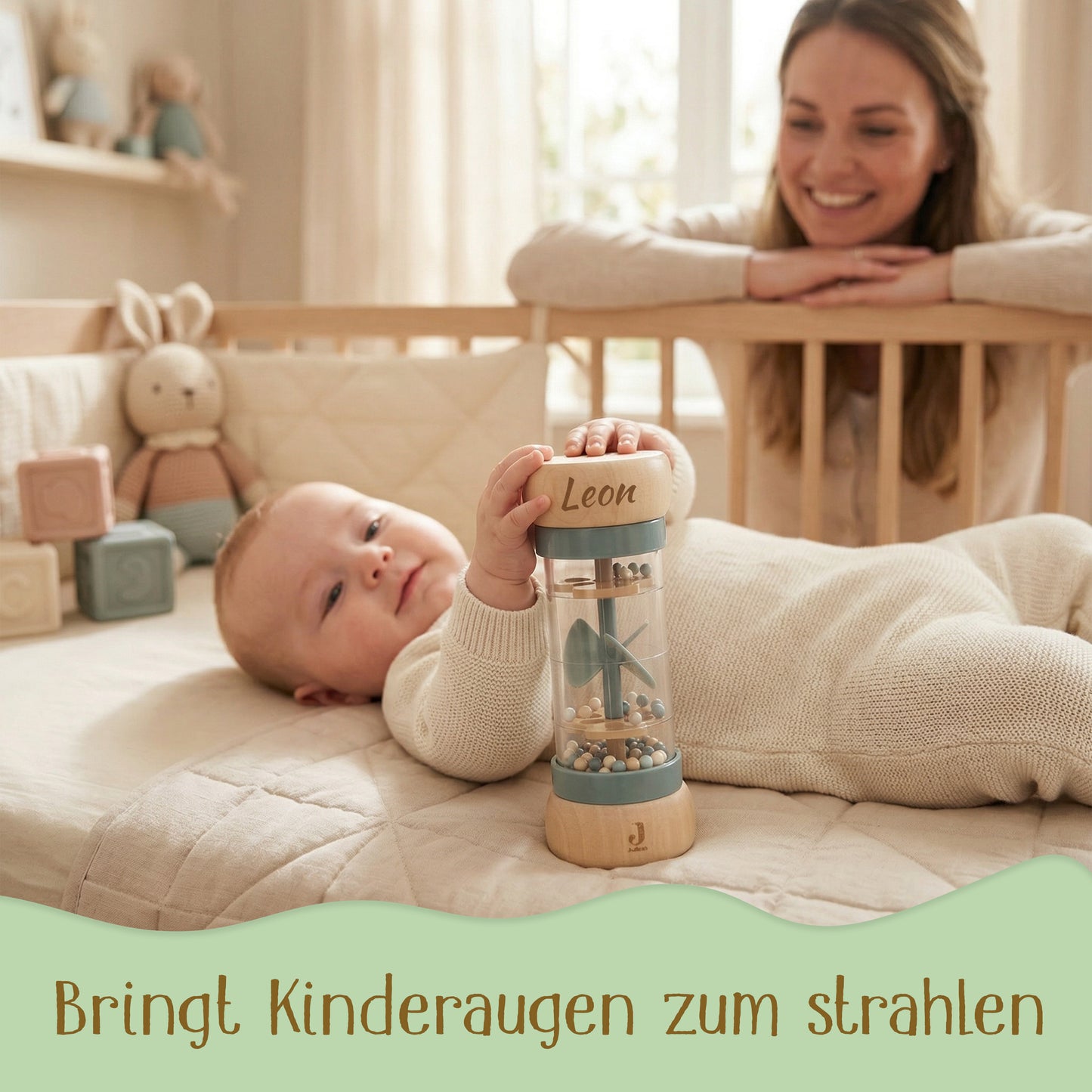 Jollein Regenmacher Blau personalisierbar mit Name aus FSC-Holz - Babyrassel - Babygeschenk zur Geburt oder Taufe