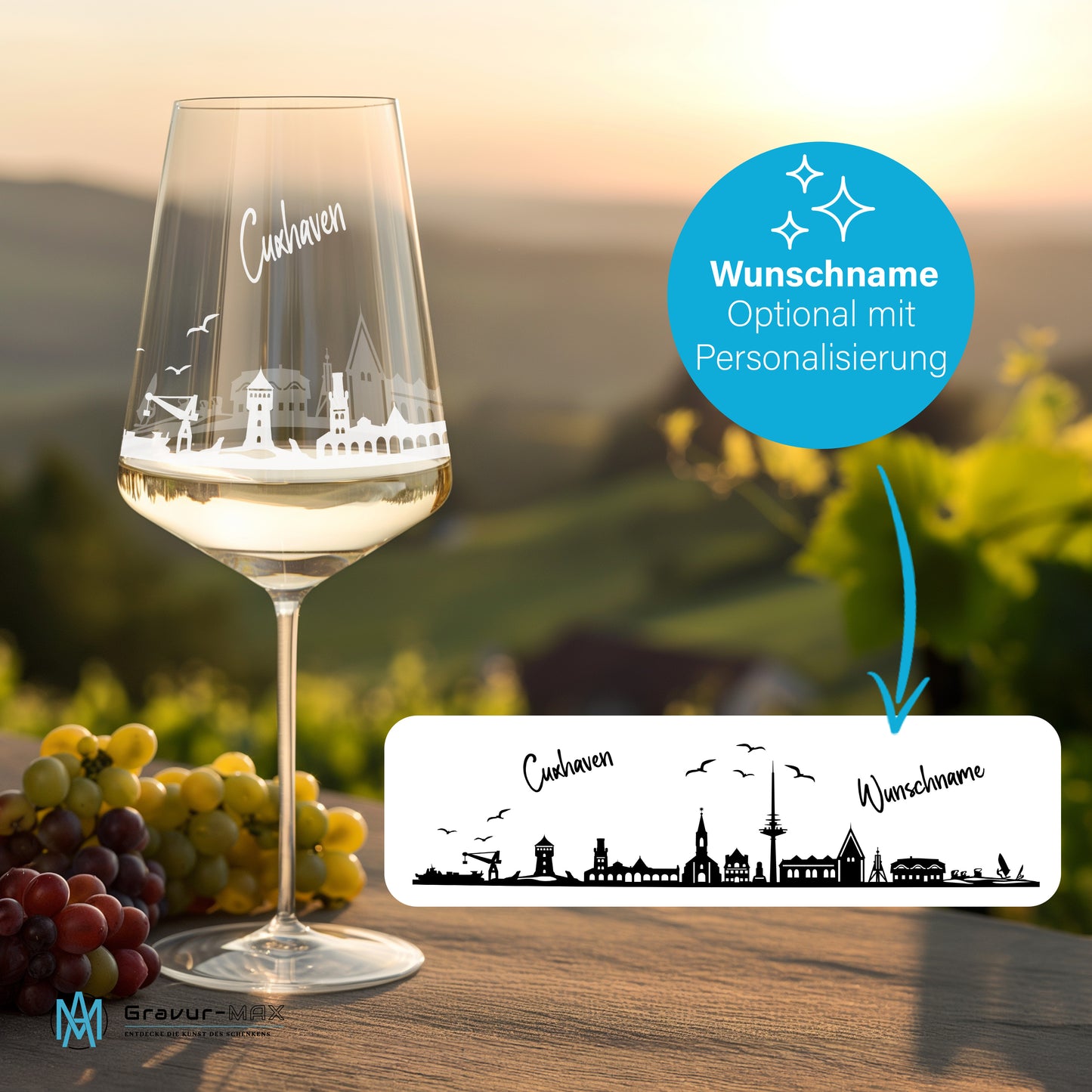 Weinglas mit Gravur Leonardo Puccini "SKYLINE CUXHAVEN" 2 Gläser optional mit Wunschname