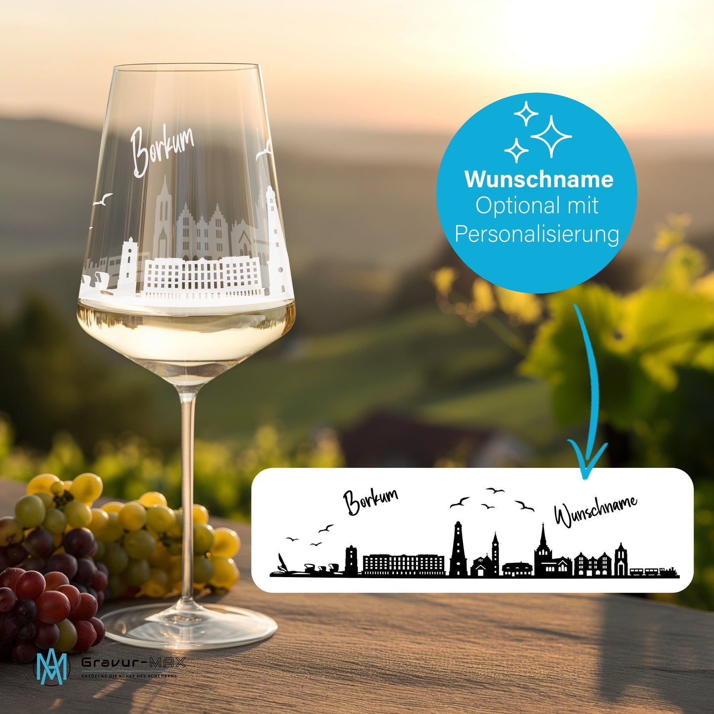 Weinglas mit Gravur Leonardo Puccini "SKYLINE BORKUM" 2 Gläser optional mit Wunschname
