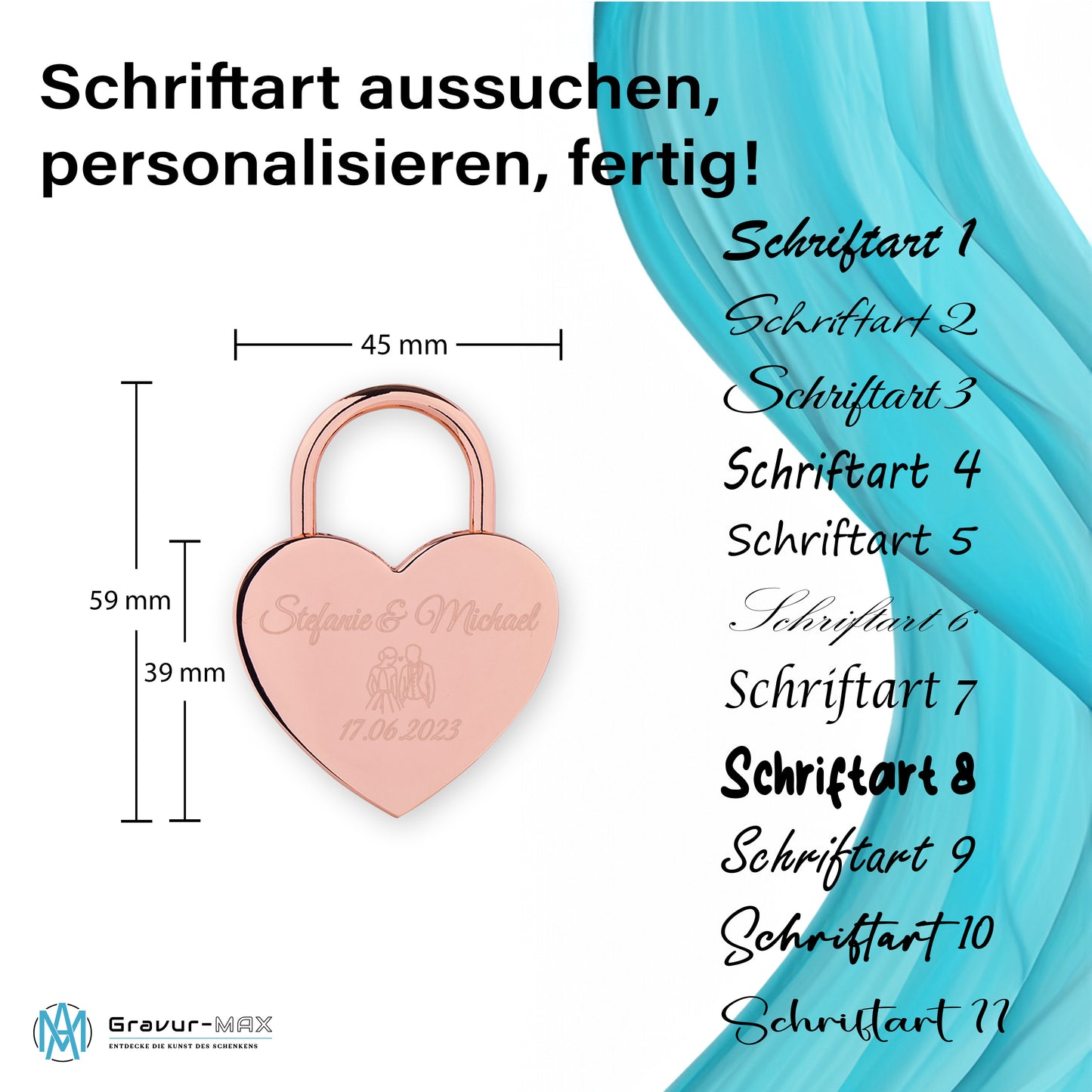 Herzschloss in Rose mit Gravur "Eheringe" Liebesschloss personalisiert mit Wunschnamen in 4 ver. Farben