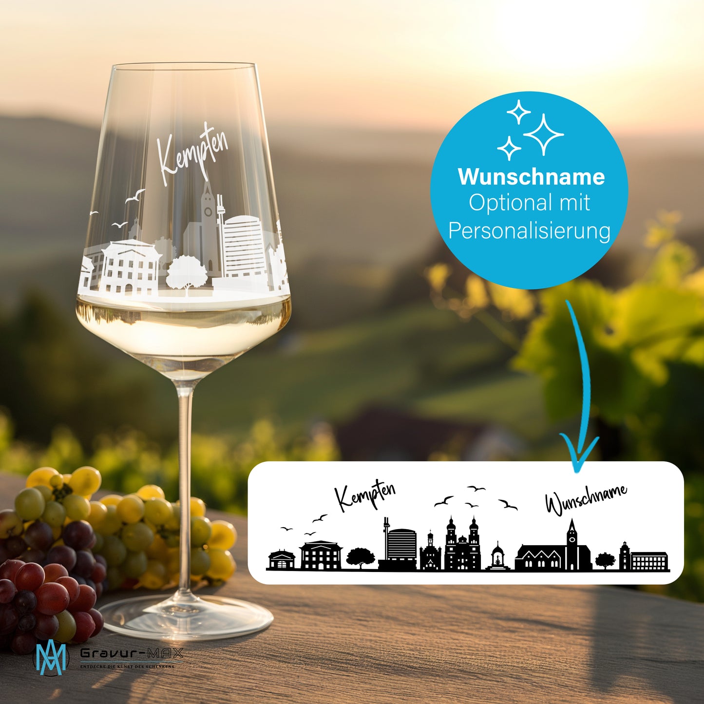 Weinglas mit Gravur Leonardo Puccini "SKYLINE KEMPTEN" 2 Gläser optional mit Wunschname