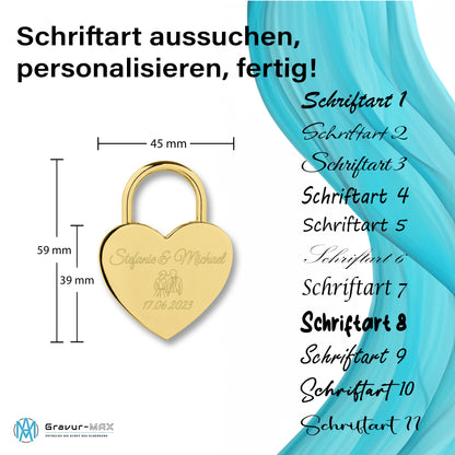 Herzschloss in Gold mit Gravur "Schlossherz" Liebesschloss personalisiert mit Wunschnamen in 4 ver. Farben
