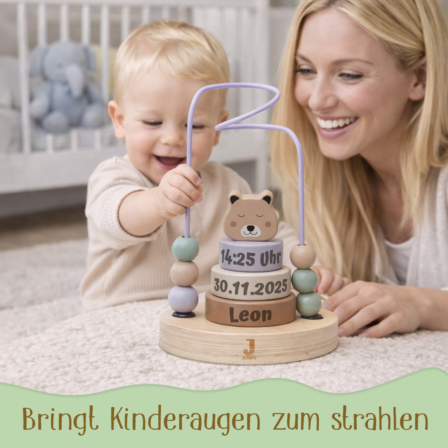 Jollein Aktivitätsspirale Gepard personalisierbar mit Name & Datum aus FSC-Holz - Motorikspielzeug - Babygeschenk zur Geburt oder Taufe