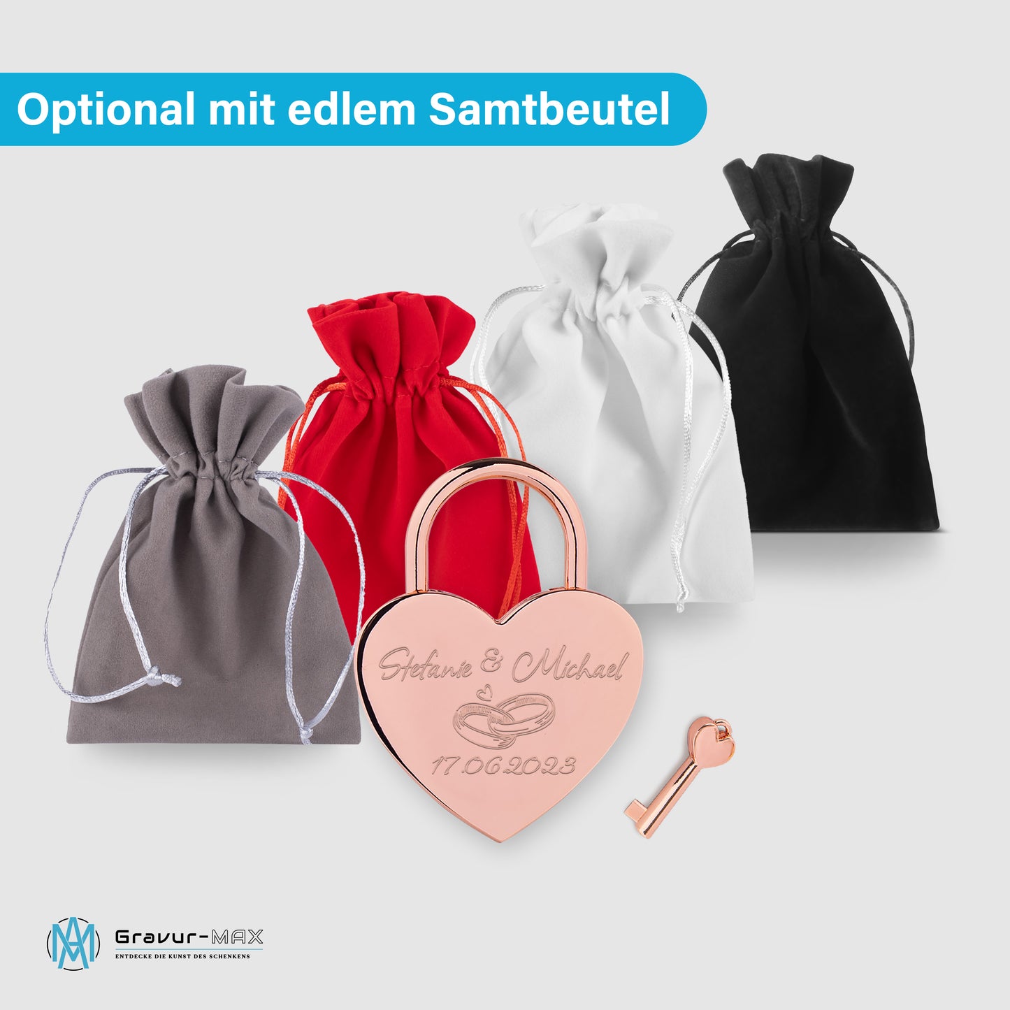 Herzschloss in Rose mit Gravur "Eheringe" Liebesschloss personalisiert mit Wunschnamen in 4 ver. Farben