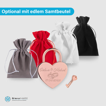 Herzschloss in Rose mit Gravur "Eheringe" Liebesschloss personalisiert mit Wunschnamen in 4 ver. Farben