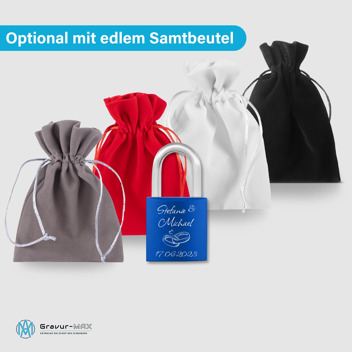 Liebesschloss in Blau mit Gravur "Schlossherz" personalisiert mit Wunschnamen in 6 ver. Farben