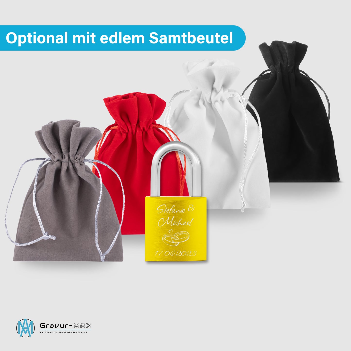 Liebesschloss in Gelb mit Gravur "Herzen" personalisiert mit Wunschnamen in 6 ver. Farben