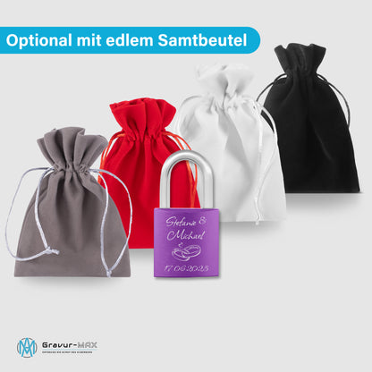 Liebesschloss in Lila mit Gravur "Pfeile mit Herz" personalisiert mit Wunschnamen in 6 ver. Farben