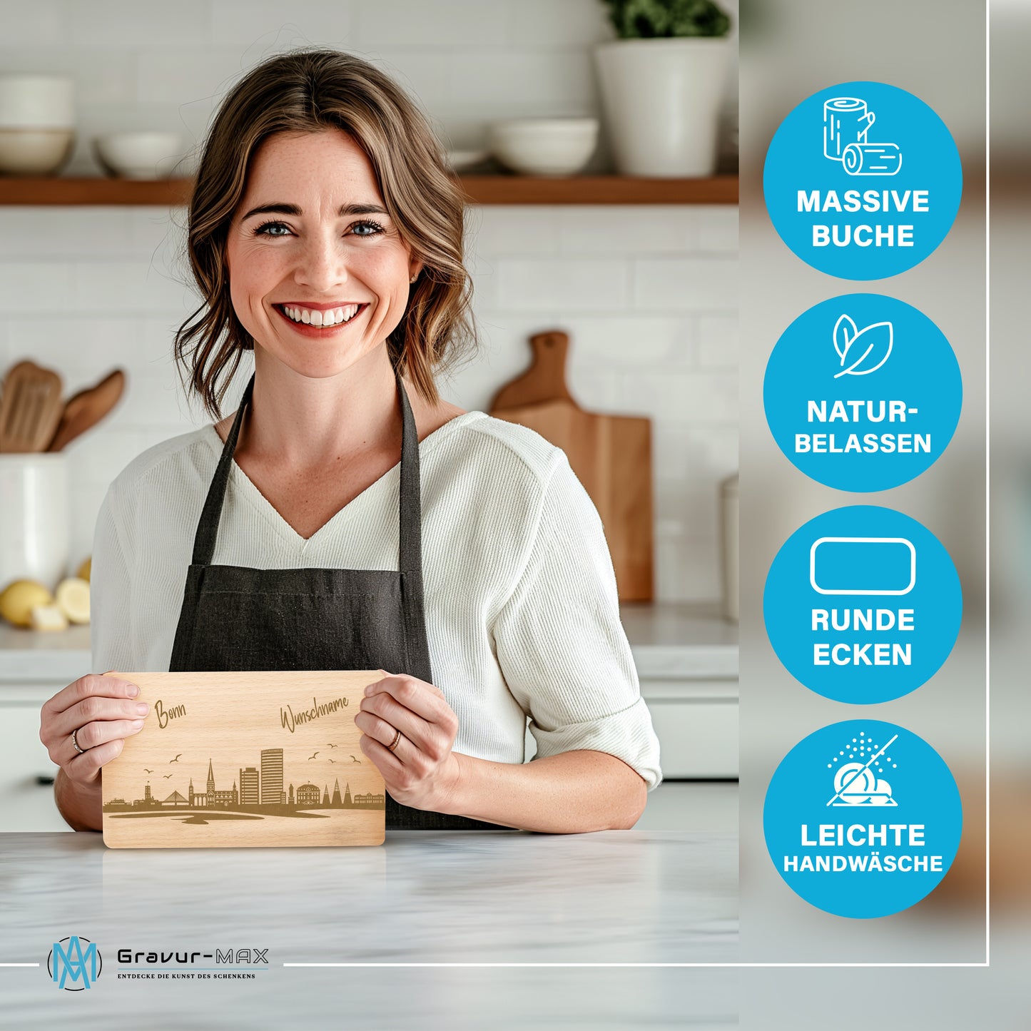 Frühstücksbrettchen 220x120mm mit Gravur mit der Skyline von Bonn personalisierbar mit Wunschname