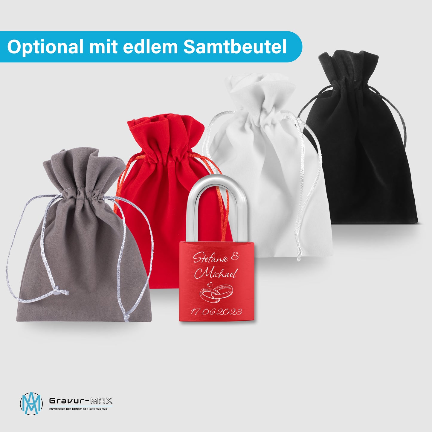 Liebesschloss in Rot mit Gravur "Doppelherz" personalisiert mit Wunschnamen in 6 ver. Farben