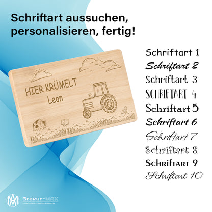 Frühstücksbrettchen mit Gravur Traktor "HIER KRÜMELT" mit Wunschname
