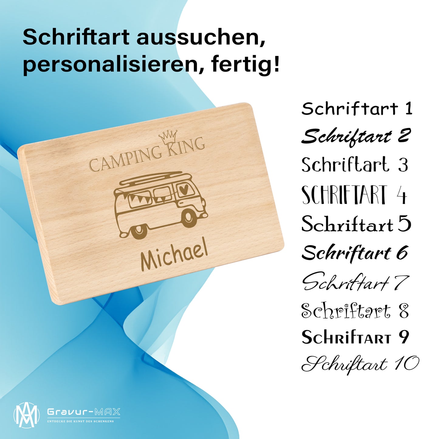 Frühstücksbrettchen mit Gravur Camping "BULLI CAMPING KING" mit Wunschname