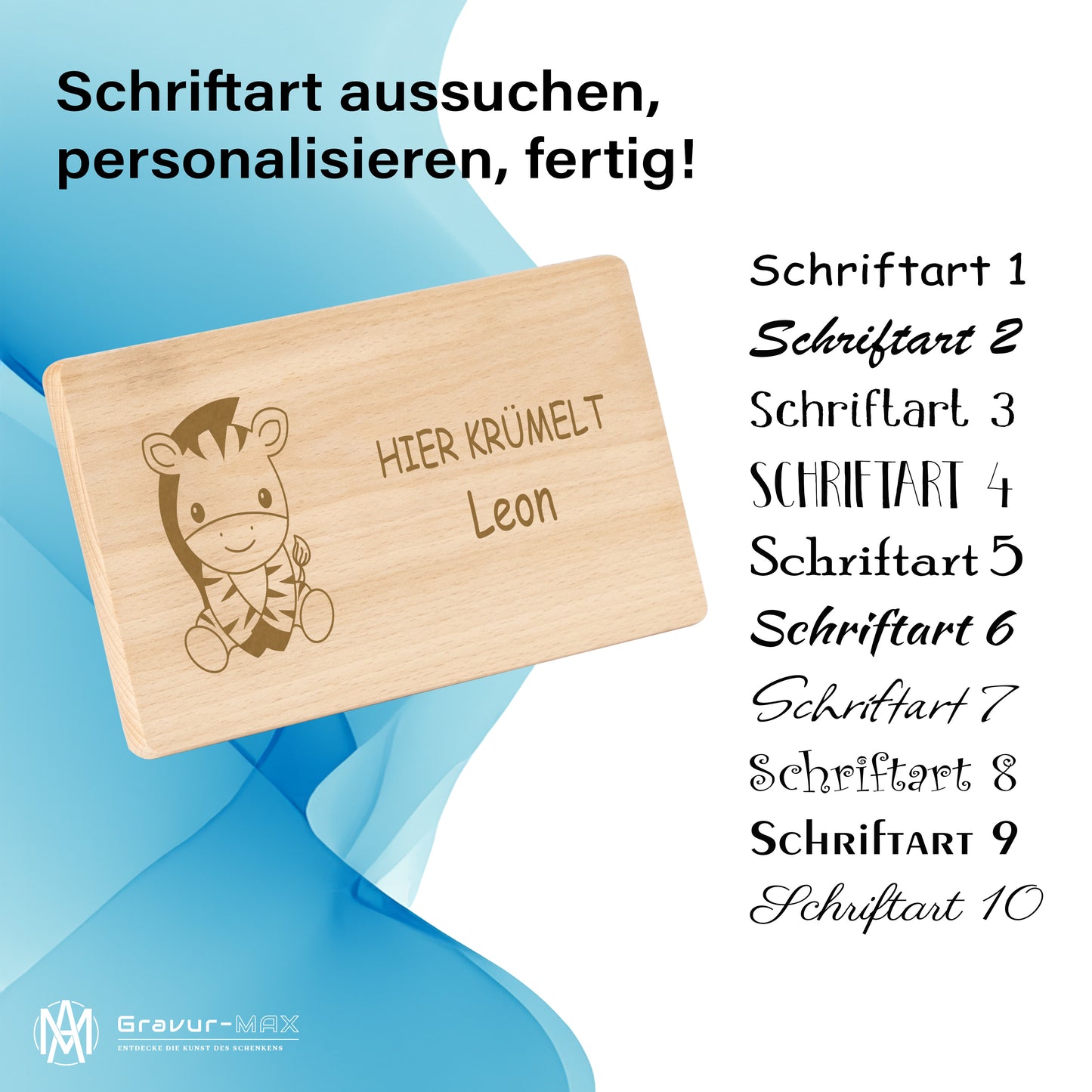 Frühstücksbrettchen 220x120mm mit Gravur "HIER KRÜMELT" mit Zebra und Wunschname
