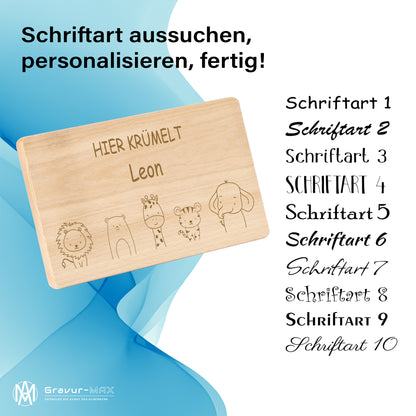 Frühstücksbrettchen 220x120mm mit Gravur "HIER KRÜMELT" Tierchen und Wunschname