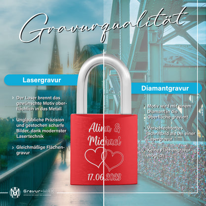 Liebesschloss in Rot mit Gravur "Doppelherz" personalisiert mit Wunschnamen in 6 ver. Farben