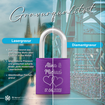Liebesschloss in Lila mit Gravur "Herzranke" personalisiert mit Wunschnamen in 6 ver. Farben