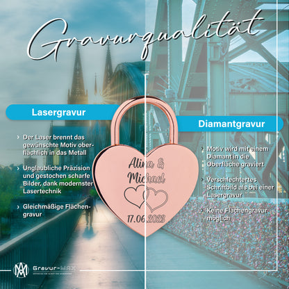 Herzschloss in Rose mit Gravur "Eheringe" Liebesschloss personalisiert mit Wunschnamen in 4 ver. Farben