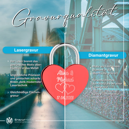 Herzschloss in Rot mit Gravur "Liebestauben" Liebesschloss personalisiert mit Wunschnamen in 4 ver. Farben