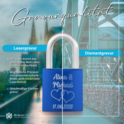 Liebesschloss in Blau mit Gravur "Amor" personalisiert mit Wunschnamen in 6 ver. Farben