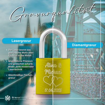 Liebesschloss in Gelb mit Gravur "Herzen" personalisiert mit Wunschnamen in 6 ver. Farben