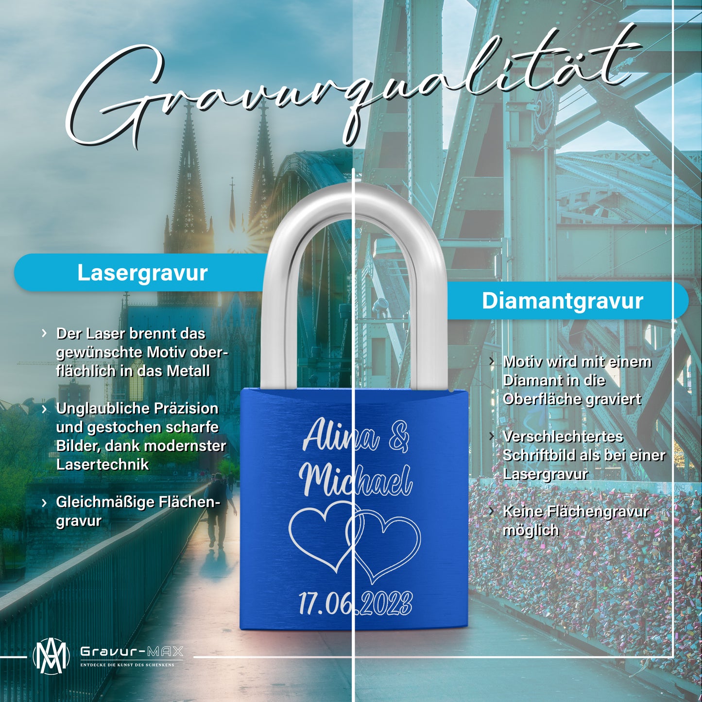 Liebesschloss in Blau mit Gravur "Pfeile mit Herz" personalisiert mit Wunschnamen in 6 ver. Farben