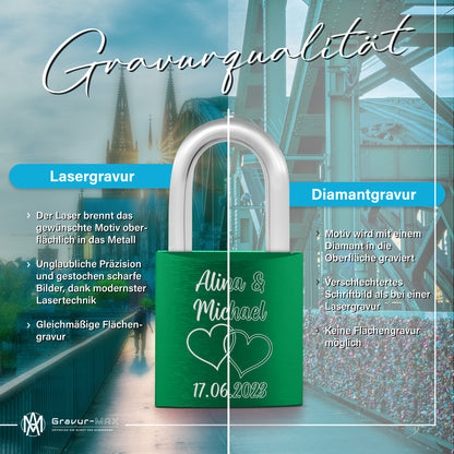 Liebesschloss in Grün mit Gravur "Herzranke" personalisiert mit Wunschnamen in 6 ver. Farben