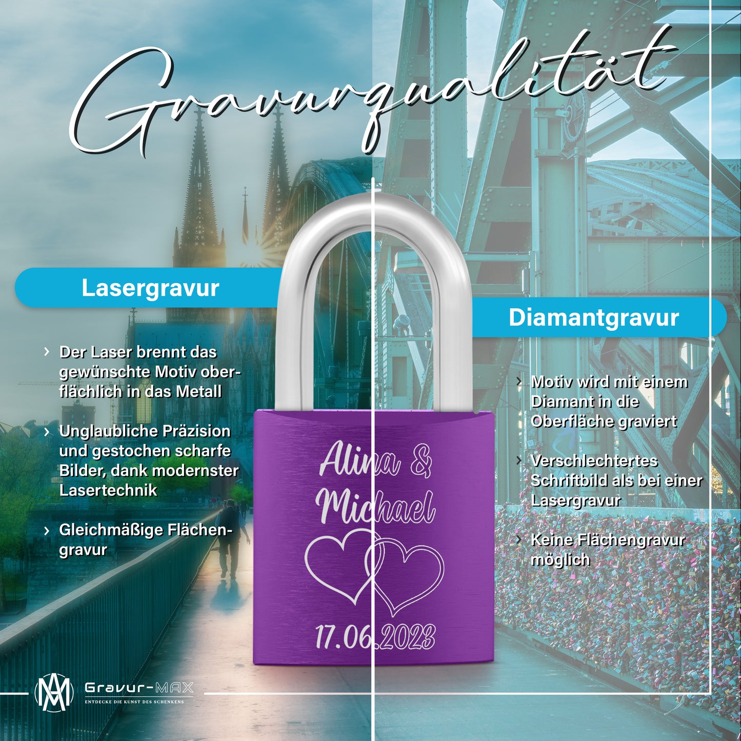 Liebesschloss in Lila mit Gravur "Doppelherz" personalisiert mit Wunschnamen in 6 ver. Farben