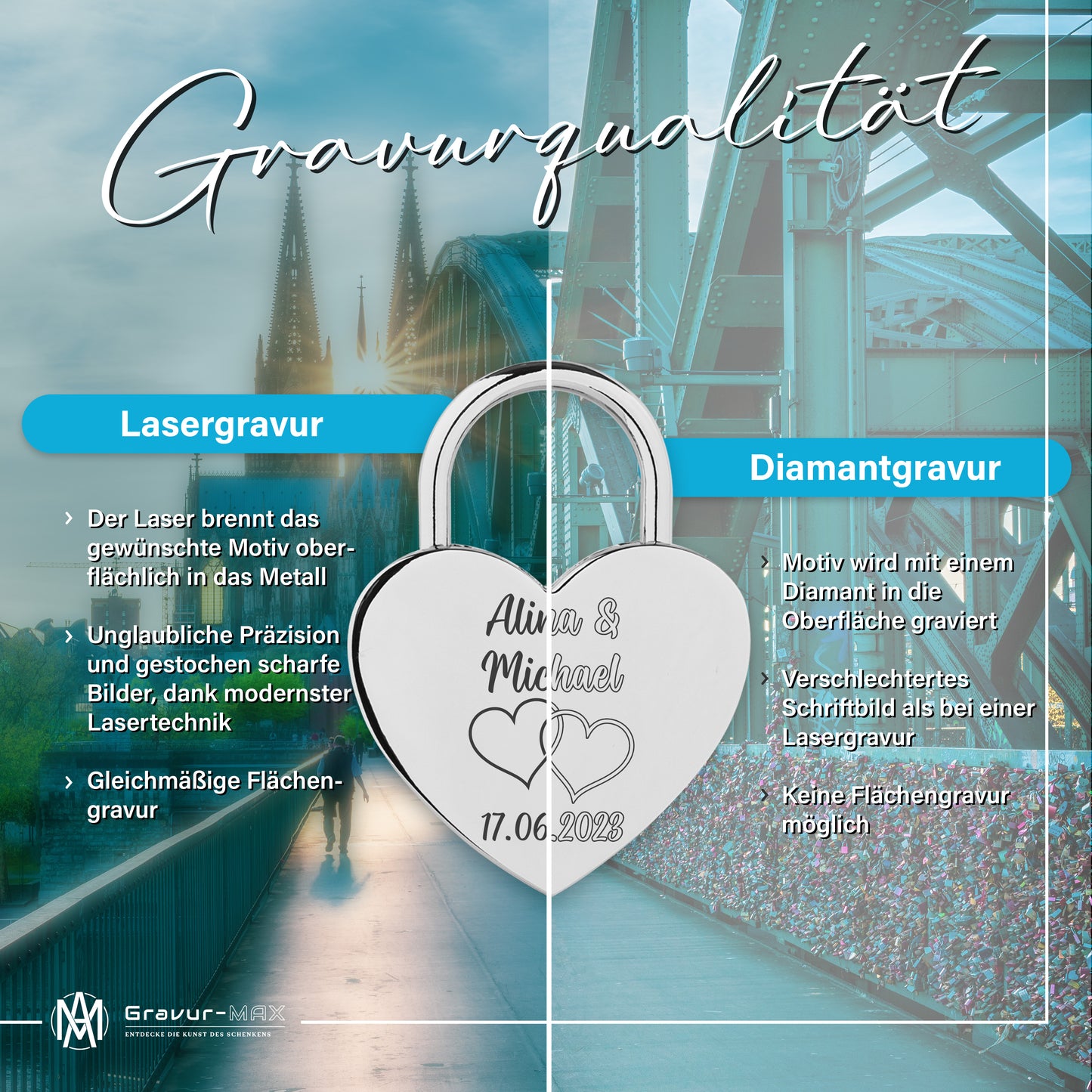 Herzschloss in Silber mit Gravur "Unendlich in LOVE" Liebesschloss personalisiert mit Wunschnamen in 4 ver. Farben