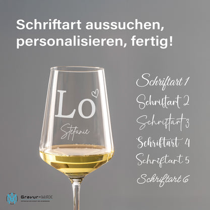 Weinglas mit Gravur Leonardo Puccini "LOVE" 2 Gläser und Holzbox groß mit Wunschname