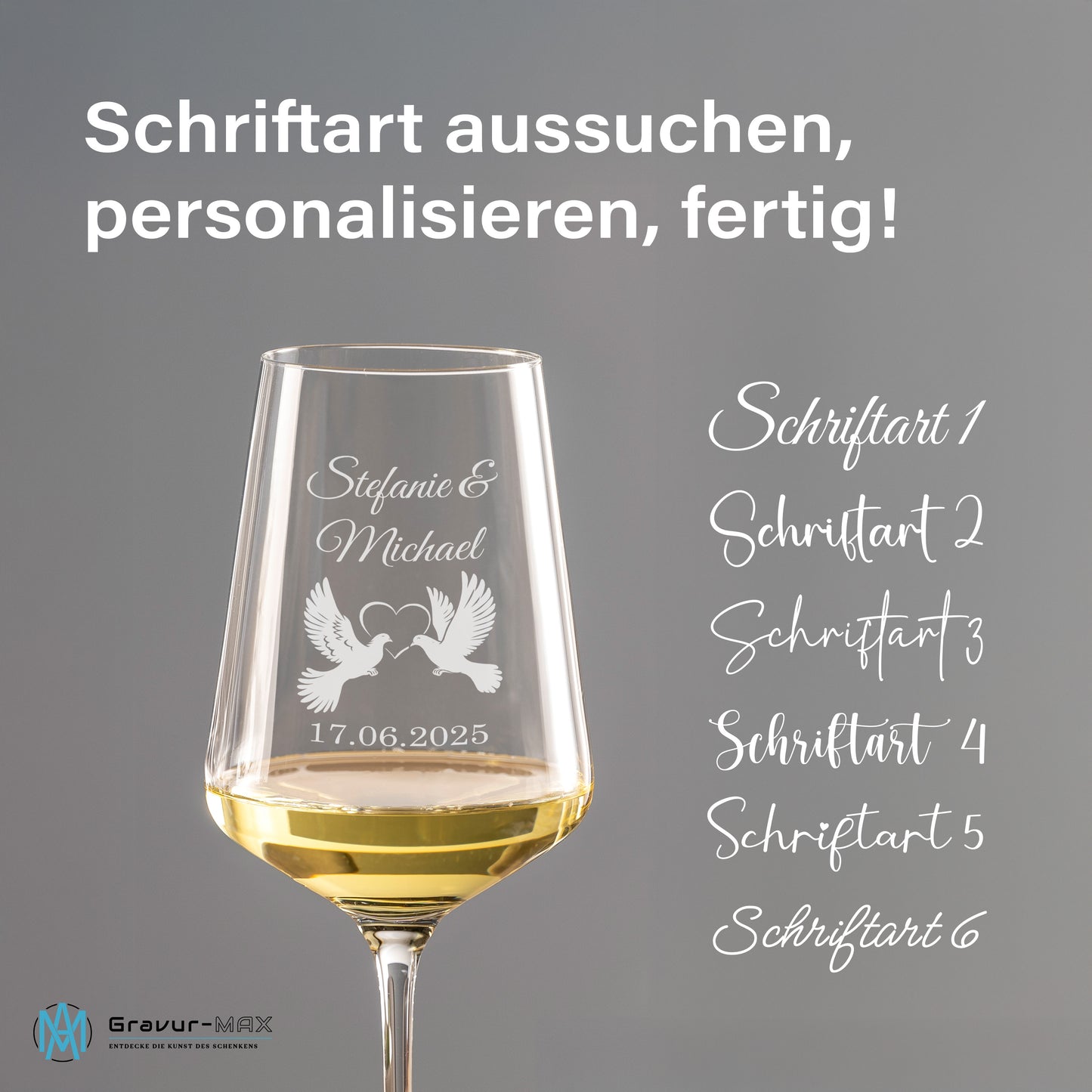 Weinglas mit Gravur Leonardo Puccini "LIEBESGLAS TAUBE" 2 Gläser mit Wunschname & Datum