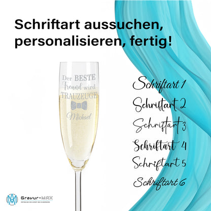 Sektglas mit Gravur Leonardo Daily "DER BESTE FREUND WIRD TRAUZEUGE" mit Wunschname