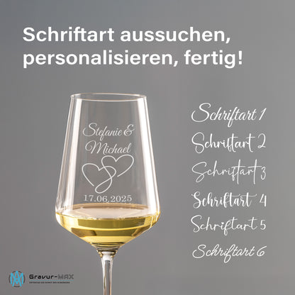Weinglas mit Gravur Leonardo Puccini "LIEBES GLAS HERZ2" 2 Gläser und Holzbox groß mit Wunschname & Datum
