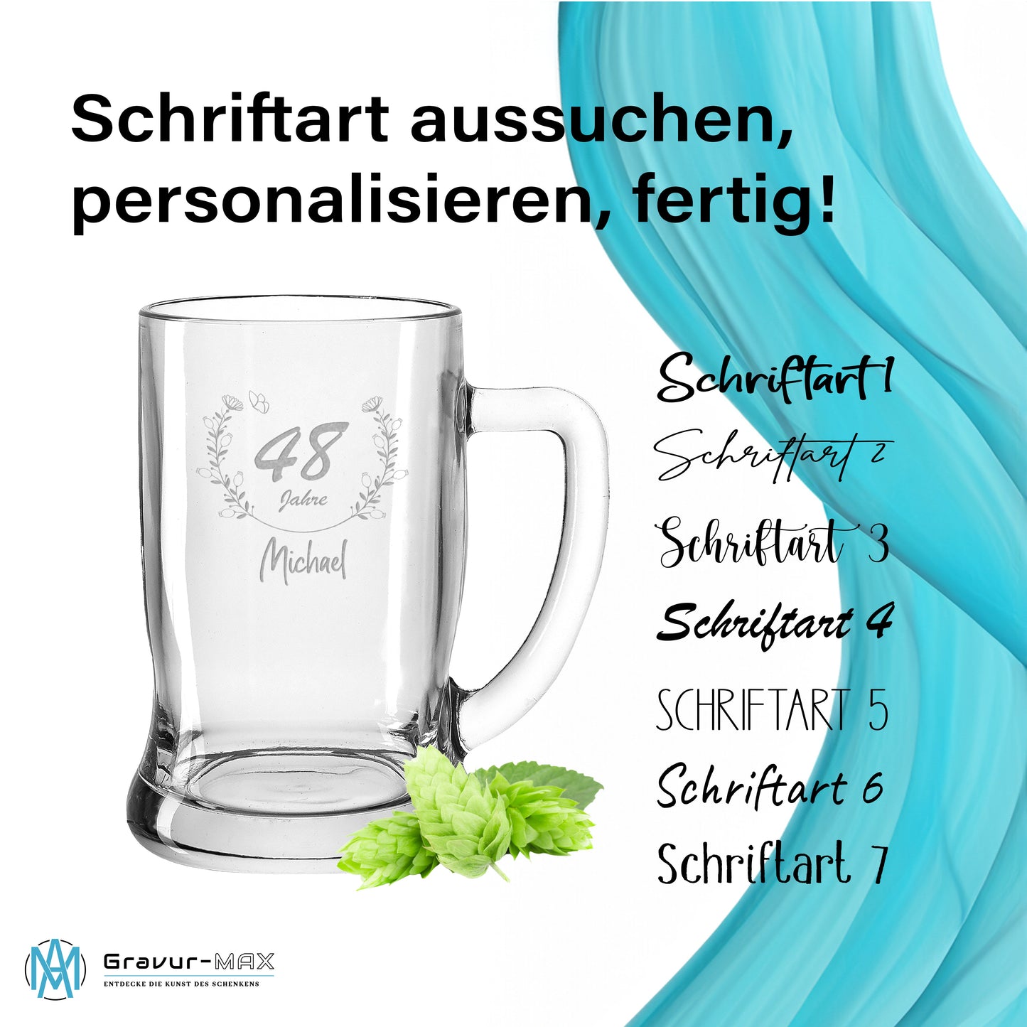 Bierkrug 0,5L mit Gravur Leonardo Taverna Bierglas "Geburtstag mit Blumenkranz" 2 Gläser mit Wunschname