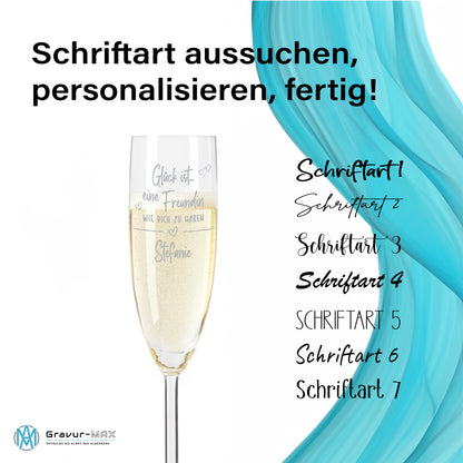 Sektglas mit Gravur Leonardo Daily "GLÜCK IST EINE FREUNDIN WIE DICH ZU HABEN" inkl. Holzbox klein mit Wunschname