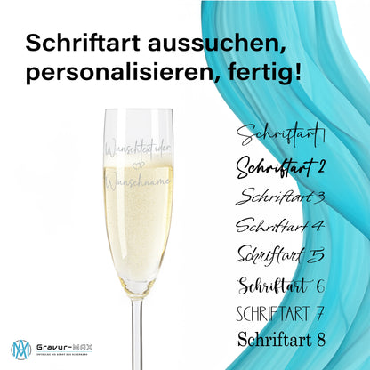 Sektglas mit Gravur Leonardo Daily "DEINE WUNSCHNAMEN oder TEXT MIT DOPPELHERZ" mit Wunschname