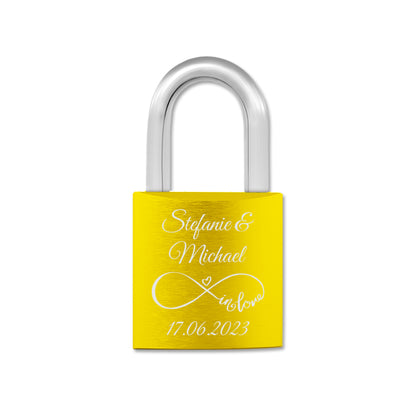 Liebesschloss in Gelb mit Gravur "Unendlich in LOVE" personalisiert mit Wunschnamen in 6 ver. Farben