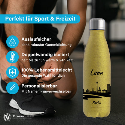Glitzer Trinkflasche in Gold 500ml aus Edelstahl bedruckt mit der Skyline von Berlin personalisierbar mit Wunschname