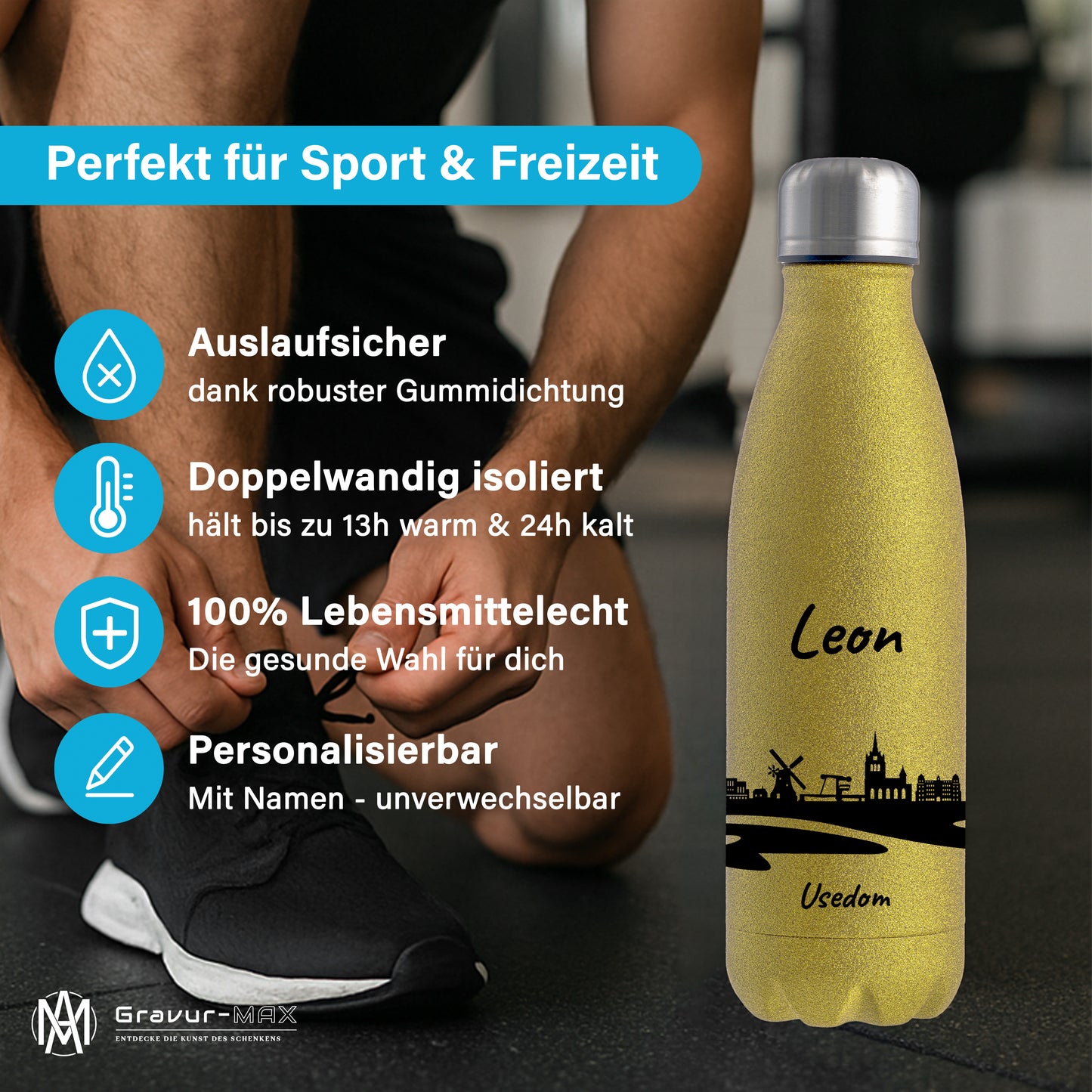 Glitzer Trinkflasche in Gold 500ml aus Edelstahl bedruckt mit der Skyline von Usedom personalisierbar mit Wunschname