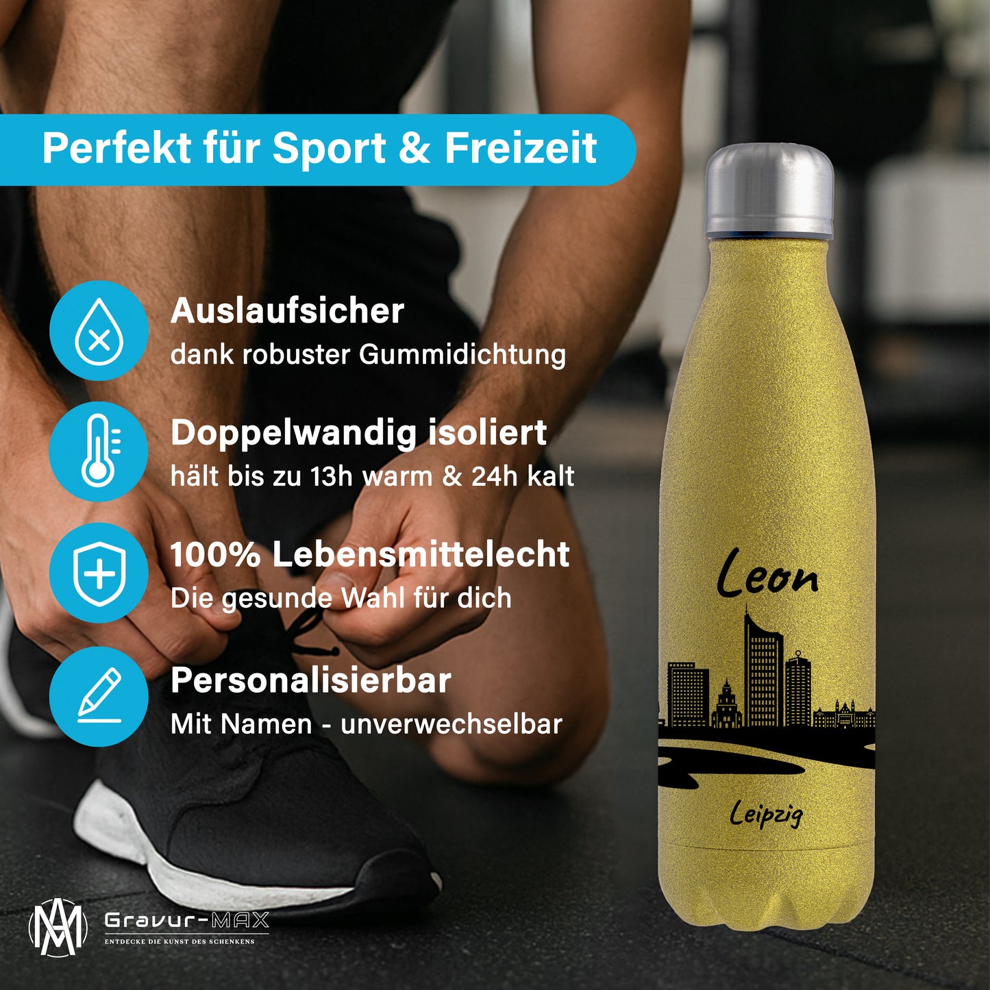 Glitzer Trinkflasche in Gold 500ml aus Edelstahl bedruckt mit der Skyline von Leipzig personalisierbar mit Wunschname