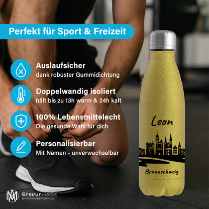 Glitzer Trinkflasche in Gold 500ml aus Edelstahl bedruckt mit der Skyline von Braunschweig personalisierbar mit Wunschname