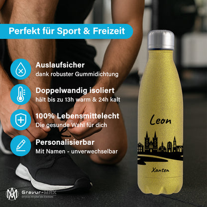 Glitzer Trinkflasche in Gold 500ml aus Edelstahl bedruckt mit der Skyline von Xanten personalisierbar mit Wunschname