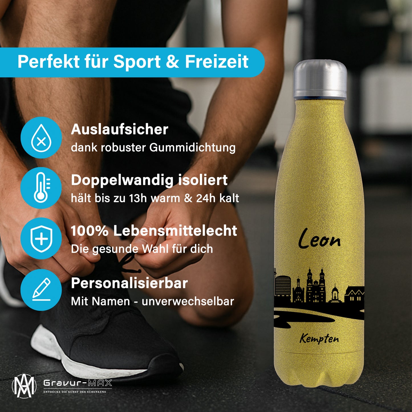 Glitzer Trinkflasche in Gold 500ml aus Edelstahl bedruckt mit der Skyline von Kempten personalisierbar mit Wunschname