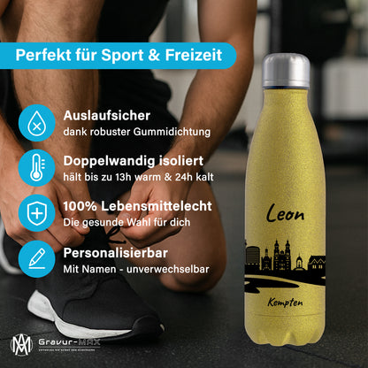 Glitzer Trinkflasche in Gold 500ml aus Edelstahl bedruckt mit der Skyline von Kempten personalisierbar mit Wunschname