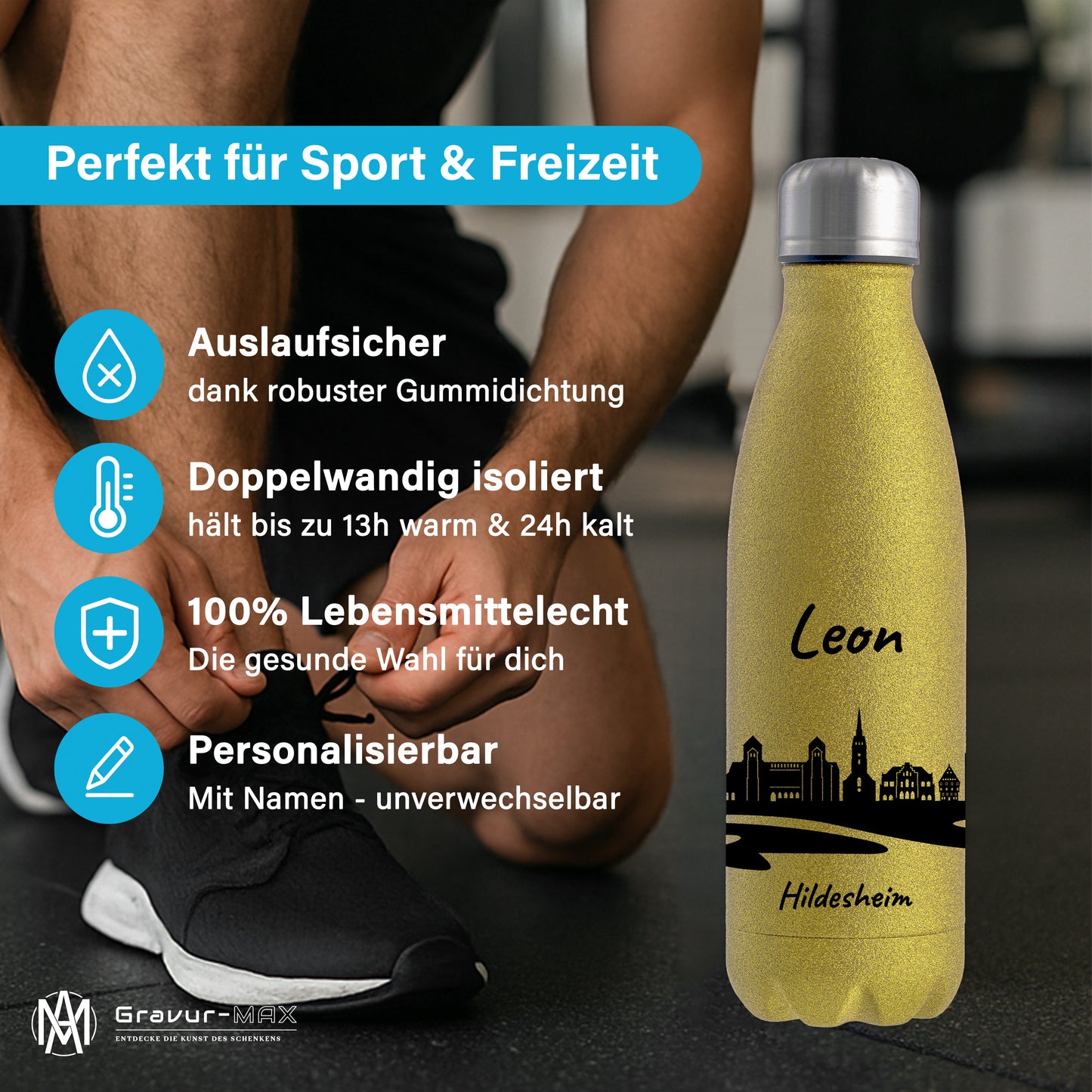 Glitzer Trinkflasche in Gold 500ml aus Edelstahl bedruckt mit der Skyline von Hildesheim personalisierbar mit Wunschname