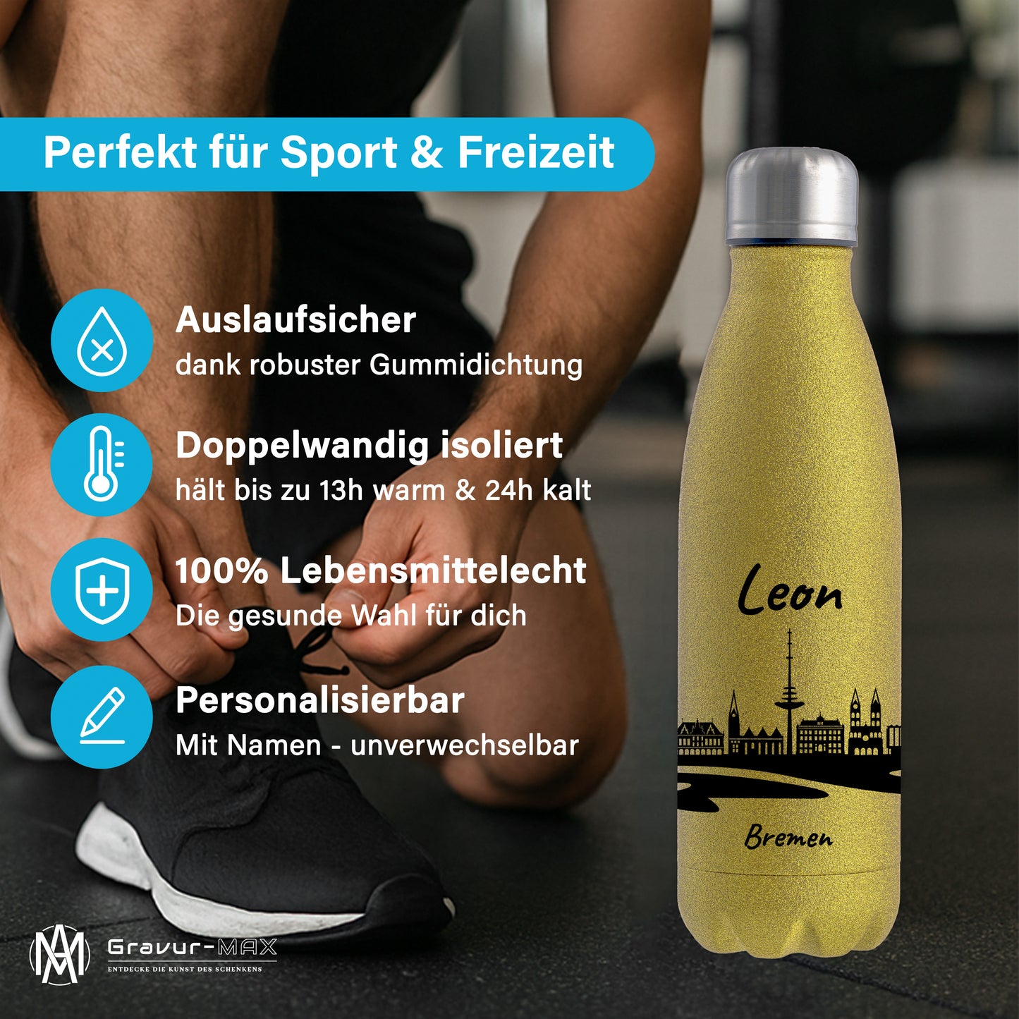 Glitzer Trinkflasche in Gold 500ml aus Edelstahl bedruckt mit der Skyline von Bremen personalisierbar mit Wunschname