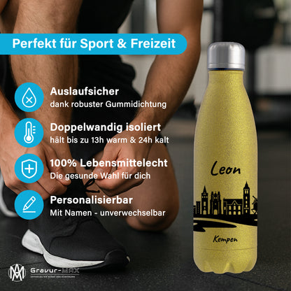 Glitzer Trinkflasche in Gold 500ml aus Edelstahl bedruckt mit der Skyline von Kempen personalisierbar mit Wunschname