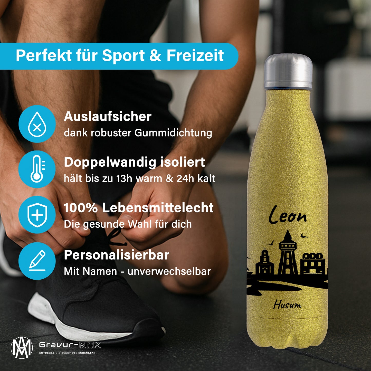 Glitzer Trinkflasche in Gold 500ml aus Edelstahl bedruckt mit der Skyline von Husum personalisierbar mit Wunschname